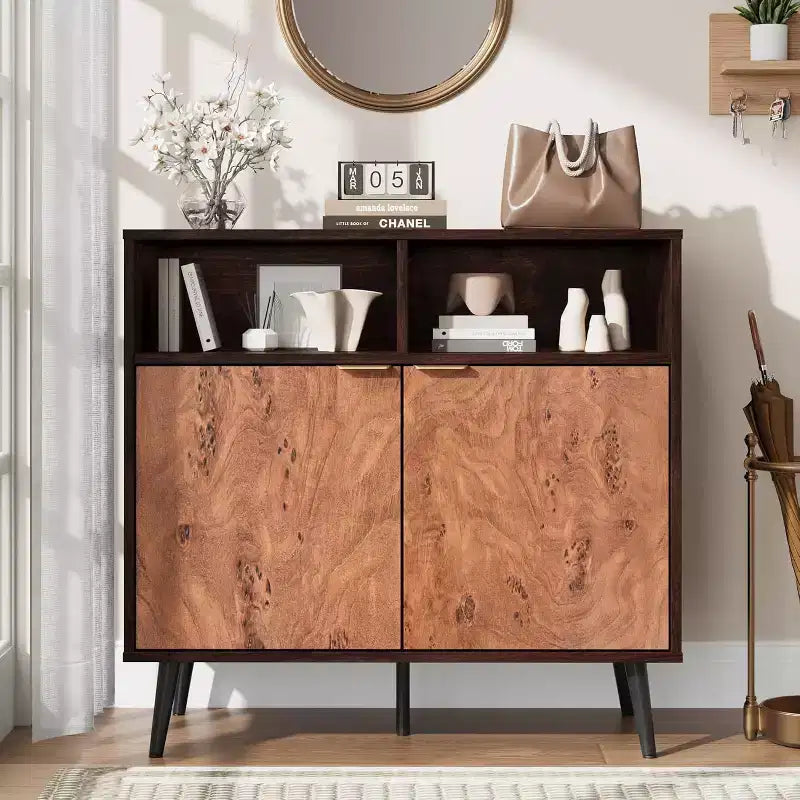 Kitchen Buffet Storage Cabinet with Barn Doors, 31.5 Farmhouse Rustic Wooden Sideboard Buffet with Storage Open Compartments for Entry, Living Room