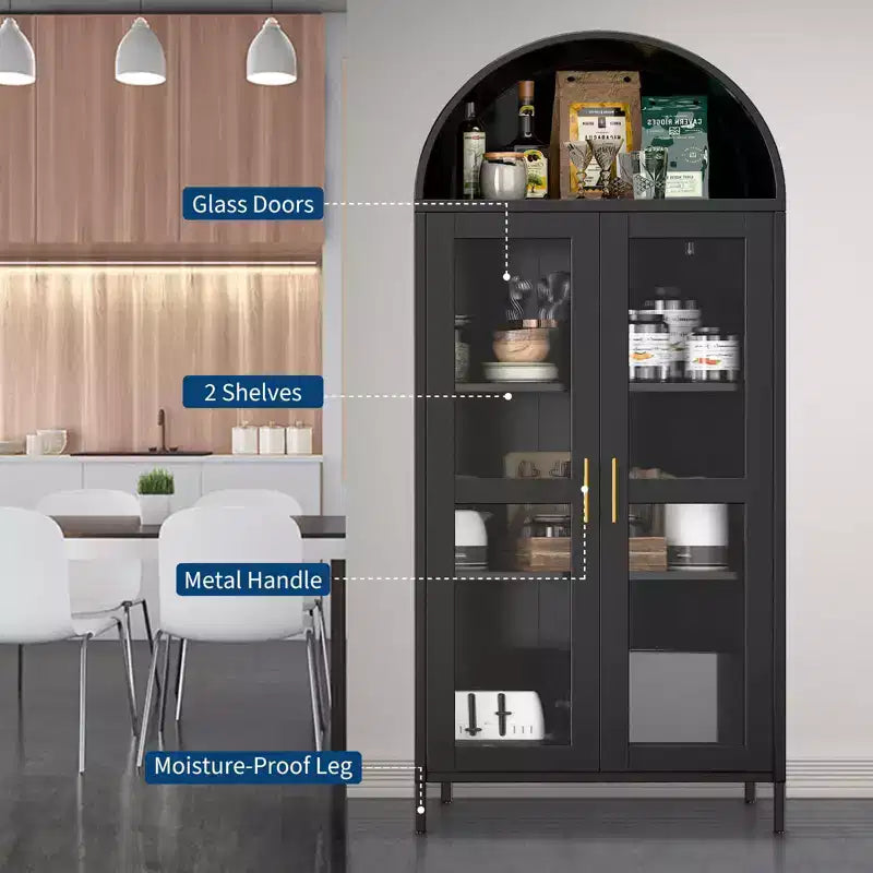 COZONY 73 Tall Arched Pantry Cabinet with Glass Doors, 2 Adjustable Shelves for Kitchen, Living & Dining Room