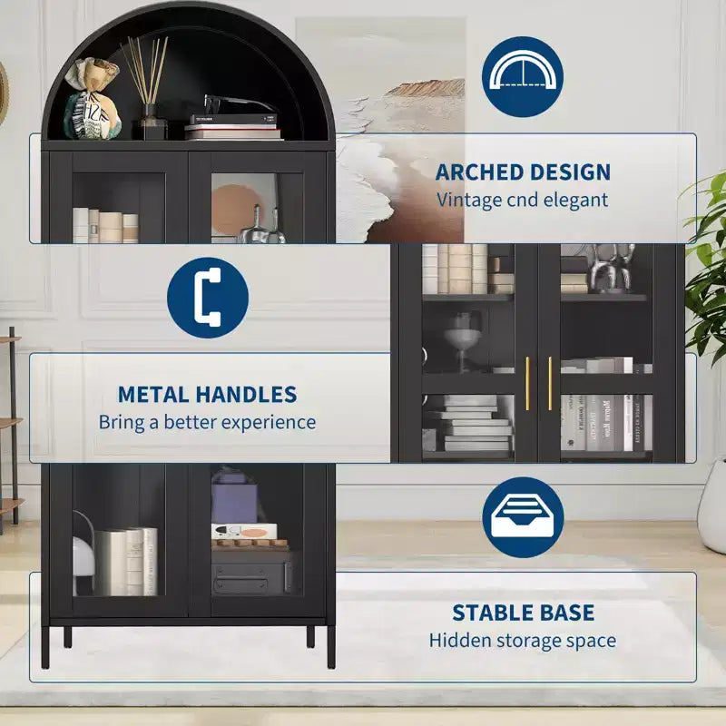 COZONY 73 Tall Arched Pantry Cabinet with Glass Doors, 2 Adjustable Shelves for Kitchen, Living & Dining Room