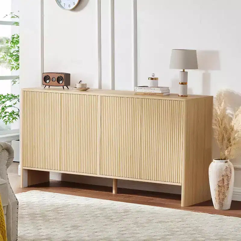 58 Inch Sideboard Buffet Cabinet, Modern Fluted Coffee Bar Cupboard Storage Cabinet with 4 Doors and Adjustable Shelves for Kitchen Entryway