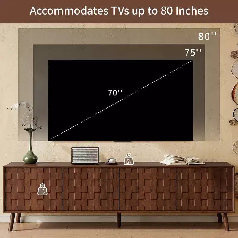 JVNOXK 70inch Modern TV Stand for TVs up to 80 inches for Living Room, Entertainment Center with Solid Wood Legs, Soft Closing Hinges