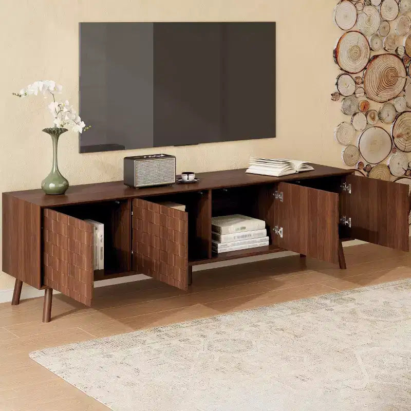 JVNOXK 70inch Modern TV Stand for TVs up to 80 inches for Living Room, Entertainment Center with Solid Wood Legs, Soft Closing Hinges