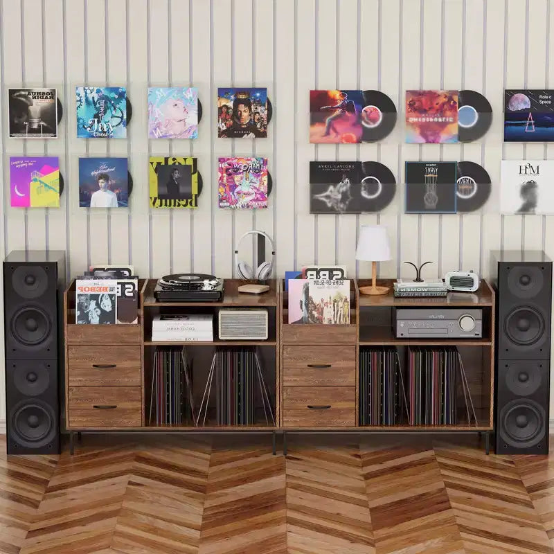 JVNOXK Medieval Modern Style Record Rack with Drawers Combined storage functionality, holds over 500 albums Sturdy wood and metal audio cabinet