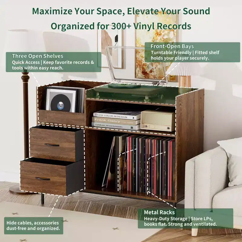 JVNOXK Medieval Modern Style Record Rack with Drawers Combined storage functionality, holds over 500 albums Sturdy wood and metal audio cabinet