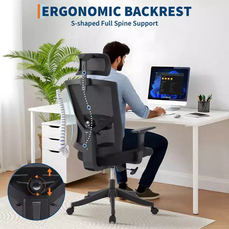 Acekool Black Ergonomic Mesh Office Chair with Adjustable Support for Home and Office