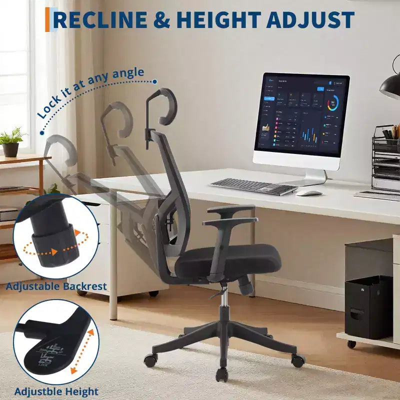 Acekool Black Ergonomic Mesh Office Chair with Adjustable Support for Home and Office