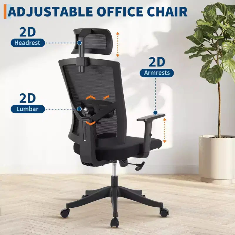 Acekool Black Ergonomic Mesh Office Chair with Adjustable Support for Home and Office