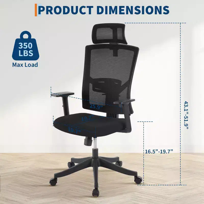 Acekool Black Ergonomic Mesh Office Chair with Adjustable Support for Home and Office