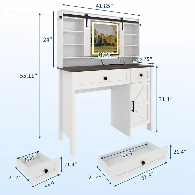 Vanity Desk with LED Lighted Mirror and Power Outlet, Makeup Table with 3 Drawers and Cabinet, Dressing Table with Shelves for Bedroom, White