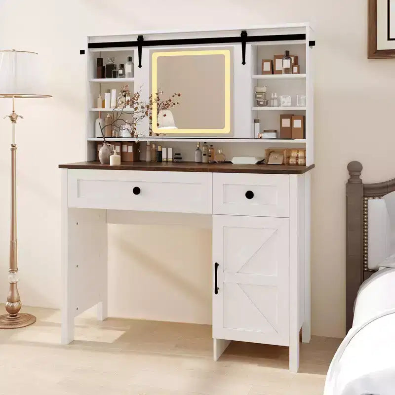 Vanity Desk with LED Lighted Mirror and Power Outlet, Makeup Table with 3 Drawers and Cabinet, Dressing Table with Shelves for Bedroom, White