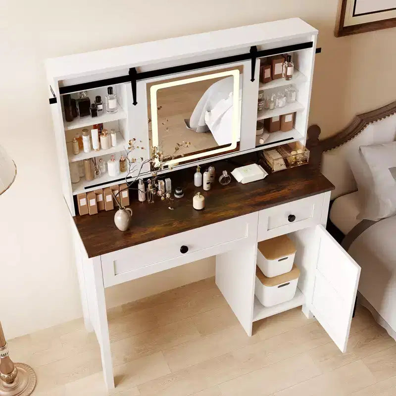 Vanity Desk with LED Lighted Mirror and Power Outlet, Makeup Table with 3 Drawers and Cabinet, Dressing Table with Shelves for Bedroom, White