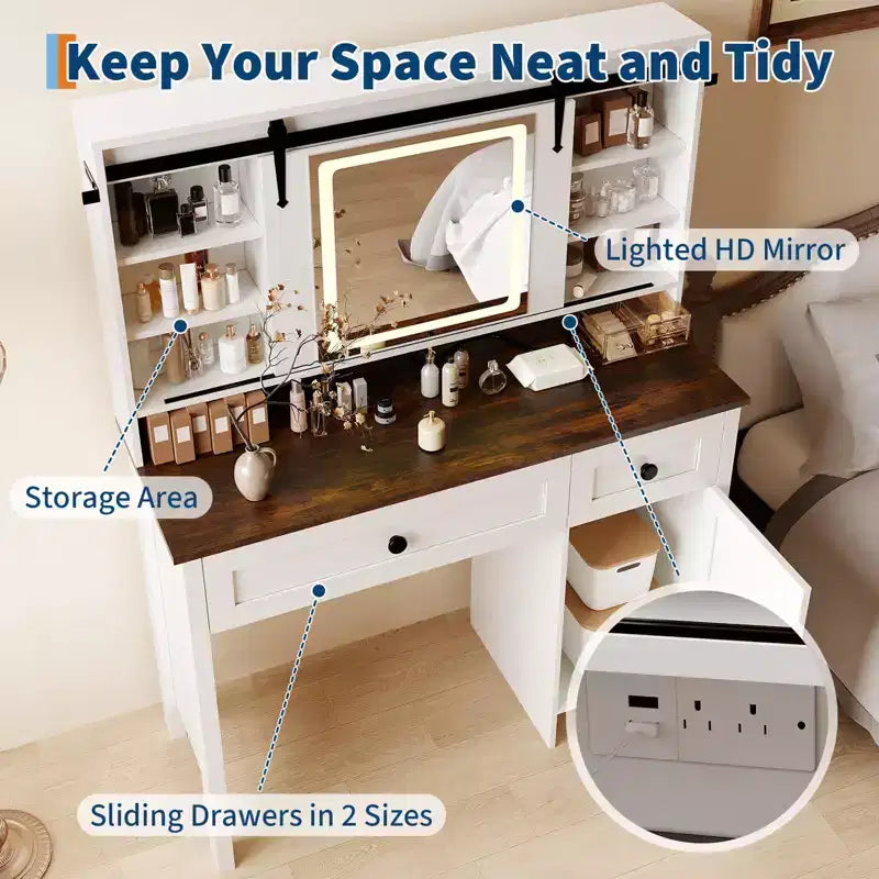 Vanity Desk with LED Lighted Mirror and Power Outlet, Makeup Table with 3 Drawers and Cabinet, Dressing Table with Shelves for Bedroom, White