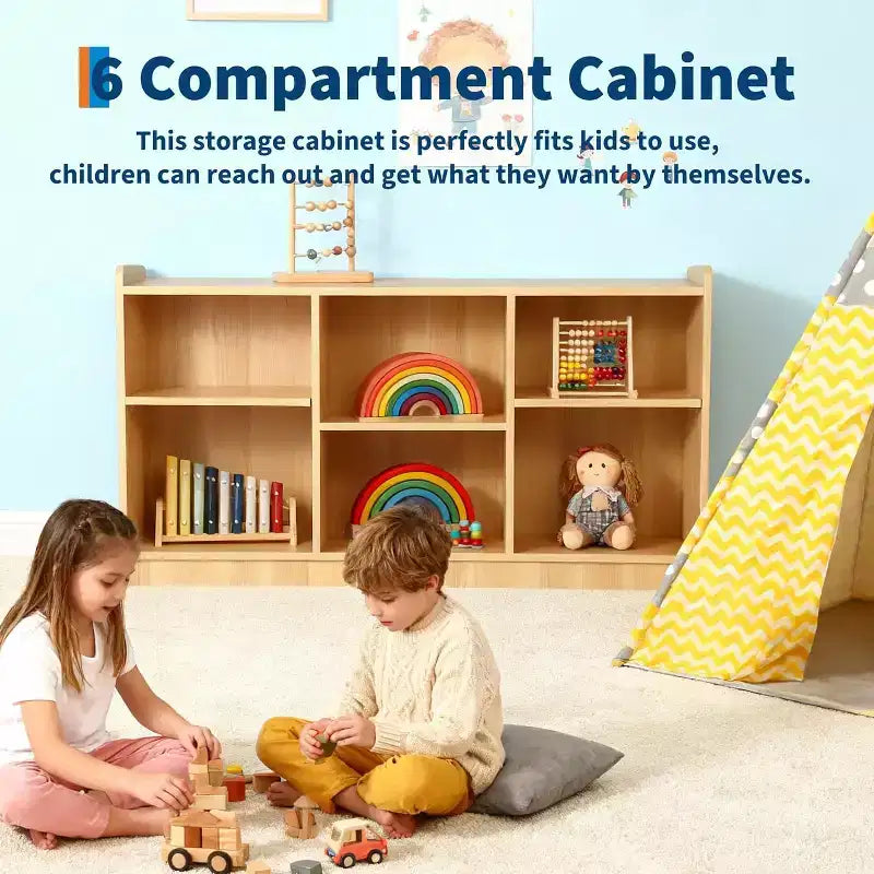 6 Compartment Toy & Book Organizer with Adjustable Dividers, Natural Finish Kids' Bookcase for Playrooms & Classrooms