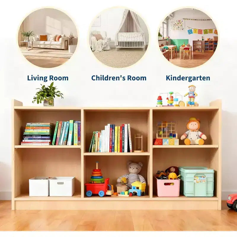 6 Compartment Toy & Book Organizer with Adjustable Dividers, Natural Finish Kids' Bookcase for Playrooms & Classrooms