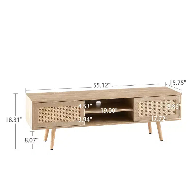 JVNOXK 35.5-inch rattan TV stand with double sliding doors for easy storage and adjustable shelves, natural color