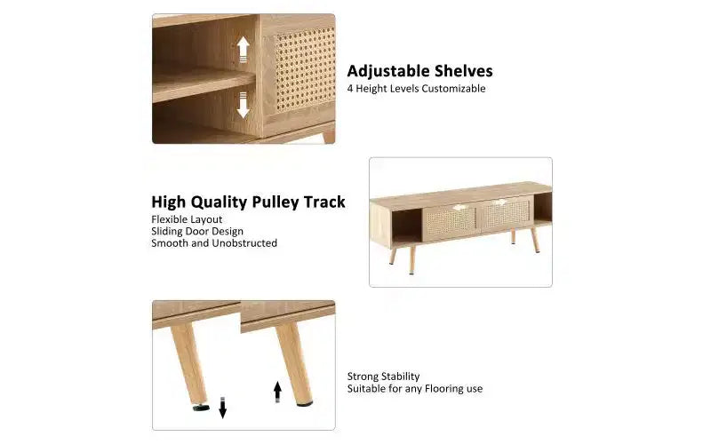 JVNOXK 35.5-inch rattan TV stand with double sliding doors for easy storage and adjustable shelves, natural color