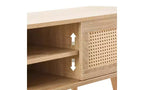 JVNOXK 35.5-inch rattan TV stand with double sliding doors for easy storage and adjustable shelves, natural color