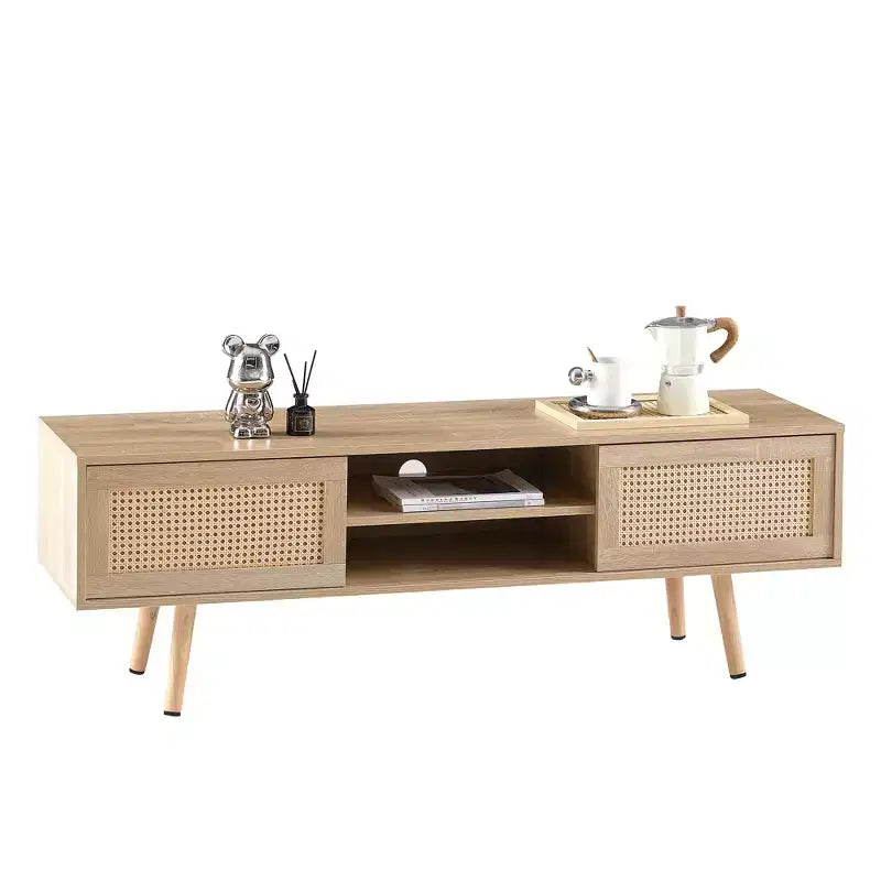 JVNOXK 35.5-inch rattan TV stand with double sliding doors for easy storage and adjustable shelves, natural color
