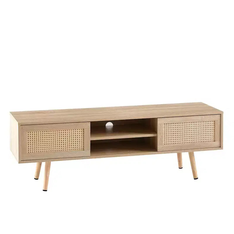 JVNOXK 35.5-inch rattan TV stand with double sliding doors for easy storage and adjustable shelves, natural color