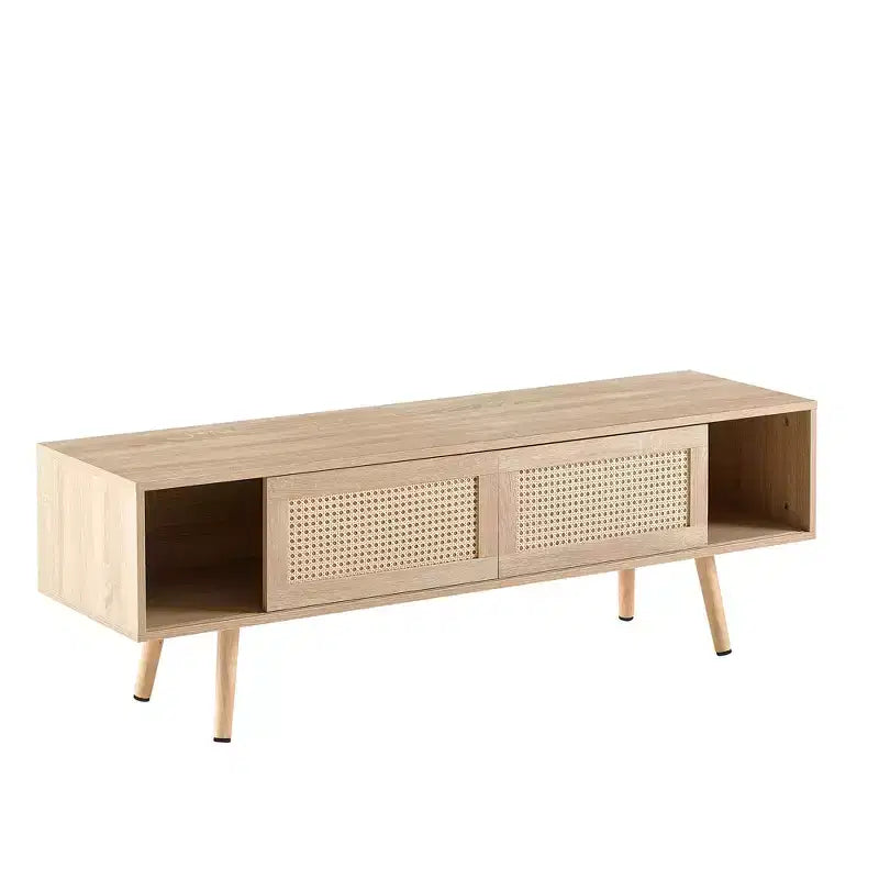 JVNOXK 35.5-inch rattan TV stand with double sliding doors for easy storage and adjustable shelves, natural color