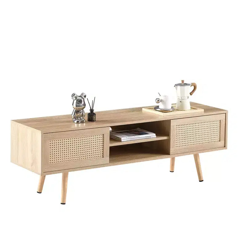 JVNOXK 35.5-inch rattan TV stand with double sliding doors for easy storage and adjustable shelves, natural color