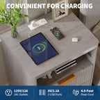Grey Fluted Nightstand Set of 2 C Modern Farmhouse Bedside Tables with Charging Station & 2-Drawer Storage (Mid-Century Design)