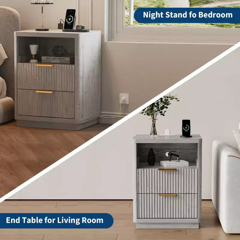 Grey Fluted Nightstand Set of 2 C Modern Farmhouse Bedside Tables with Charging Station & 2-Drawer Storage (Mid-Century Design)