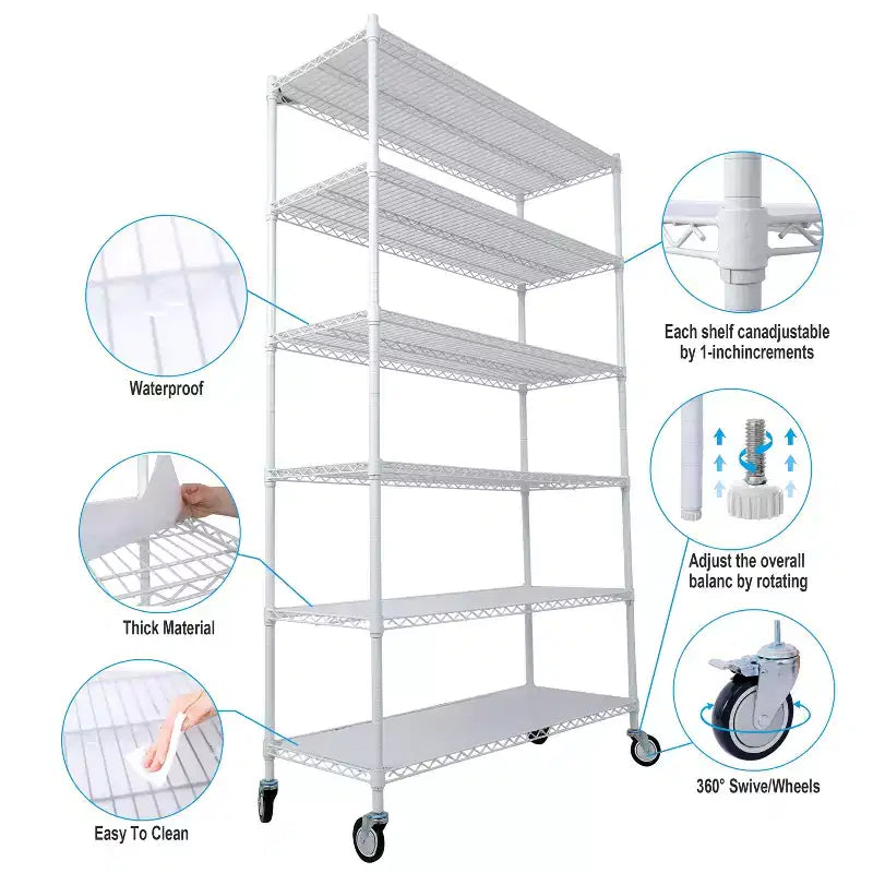 VIYET 6 Tier 6000LBS NSF Metal Wire Shelving, Heavy Duty Adjustable Storage Rack with Wheels & Shelf Liners (White)
