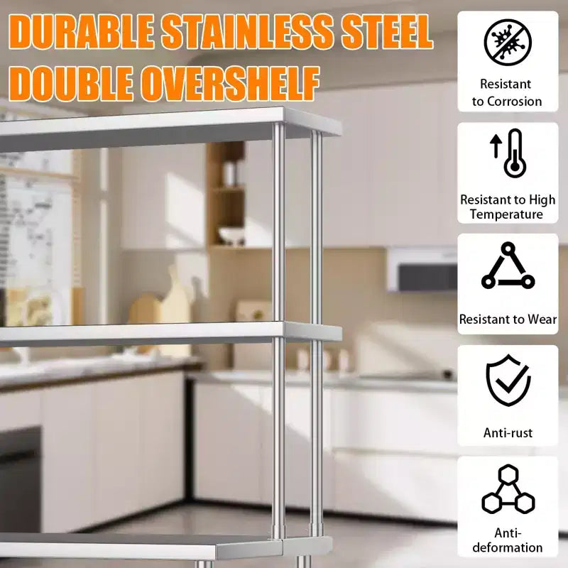 Commercial Double-Layer Stainless Steel Workbench Stand, Adjustable Double-Layer Design, Suitable for Restaurants, Kitchens, Garages and Workshops