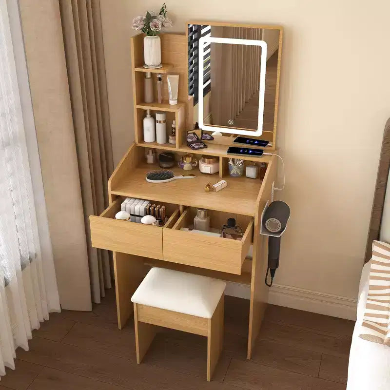 Okak Makeup Vanity with Power Outlet, Hairdryer Holder & Stool, Makeup Desk with 2 Drawers and 5 Shelves, Dressing Table for Bedroom, Wood