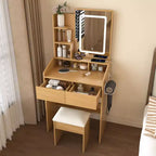 Okak Makeup Vanity with Power Outlet, Hairdryer Holder & Stool, Makeup Desk with 2 Drawers and 5 Shelves, Dressing Table for Bedroom, Wood