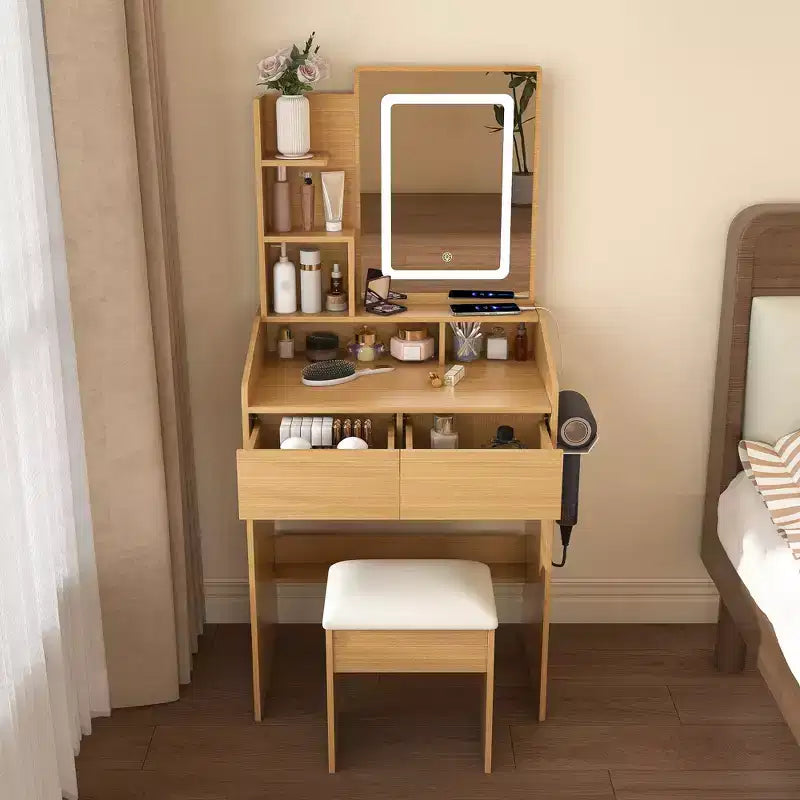 Okak Makeup Vanity with Power Outlet, Hairdryer Holder & Stool, Makeup Desk with 2 Drawers and 5 Shelves, Dressing Table for Bedroom, Wood