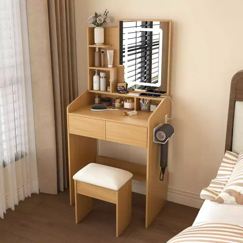 Okak Makeup Vanity with Power Outlet, Hairdryer Holder & Stool, Makeup Desk with 2 Drawers and 5 Shelves, Dressing Table for Bedroom, Wood