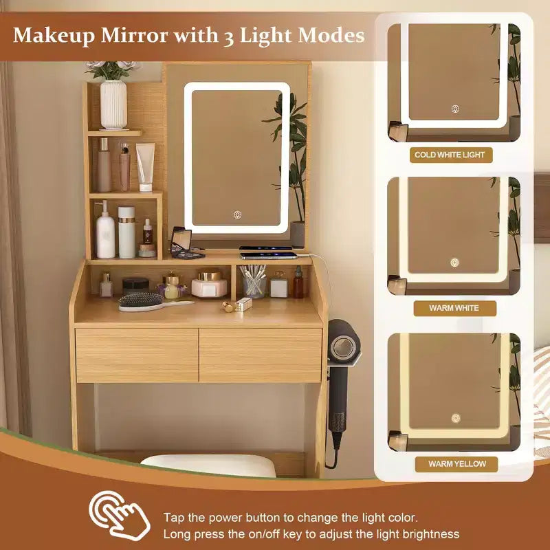 Okak Makeup Vanity with Power Outlet, Hairdryer Holder & Stool, Makeup Desk with 2 Drawers and 5 Shelves, Dressing Table for Bedroom, Wood