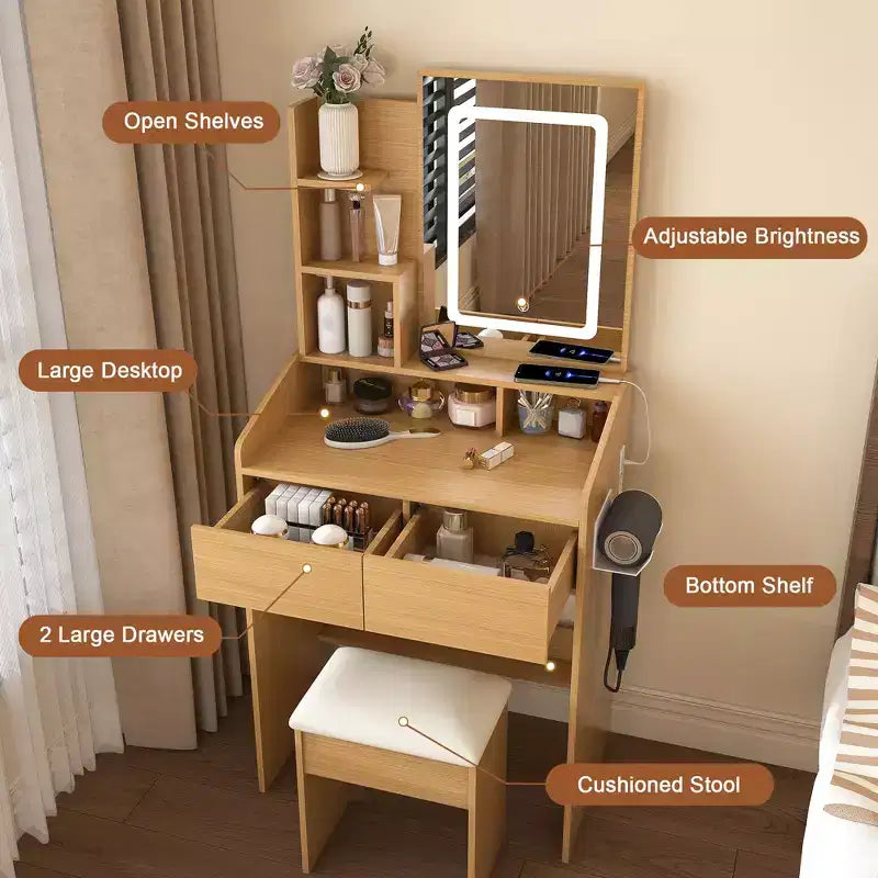 Okak Makeup Vanity with Power Outlet, Hairdryer Holder & Stool, Makeup Desk with 2 Drawers and 5 Shelves, Dressing Table for Bedroom, Wood