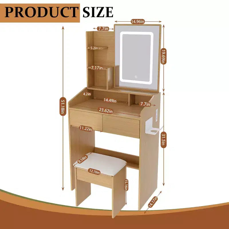 Okak Makeup Vanity with Power Outlet, Hairdryer Holder & Stool, Makeup Desk with 2 Drawers and 5 Shelves, Dressing Table for Bedroom, Wood