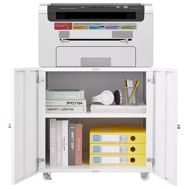 VIYET 23.6x23.6x23.6 Metal Mobile Printer Stand, Adjustable Shelf File Cabinet with Locking Wheels (White)