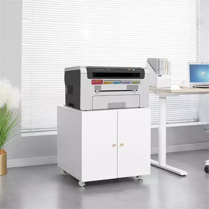 VIYET 23.6x23.6x23.6 Metal Mobile Printer Stand, Adjustable Shelf File Cabinet with Locking Wheels (White)