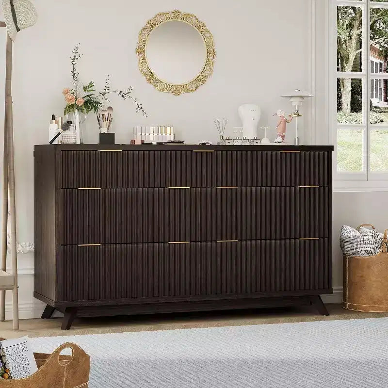 Fluted 7 Drawers Dresser for Bedroom,54Wide Modern Chest of Drawers,Curved Profile Design,Wood Storage Cabinet Organizer for Living Room,Hallway