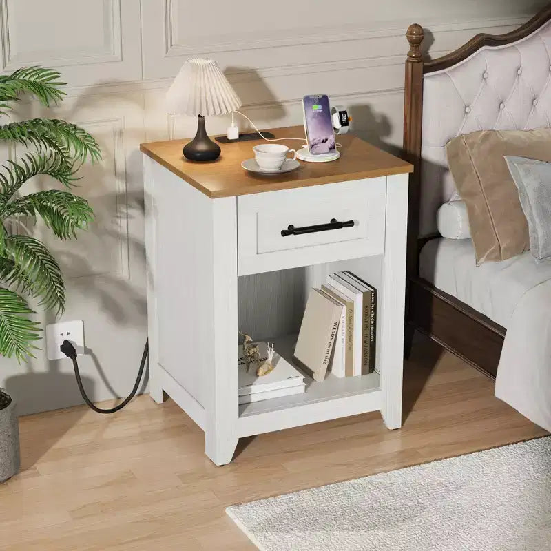2Pcs Farmhouse Nightstand with Charging Station  2 Drawers & Open Shelf, USB/Type-C/AC Outlets, End Table for Bedroom, Living Room