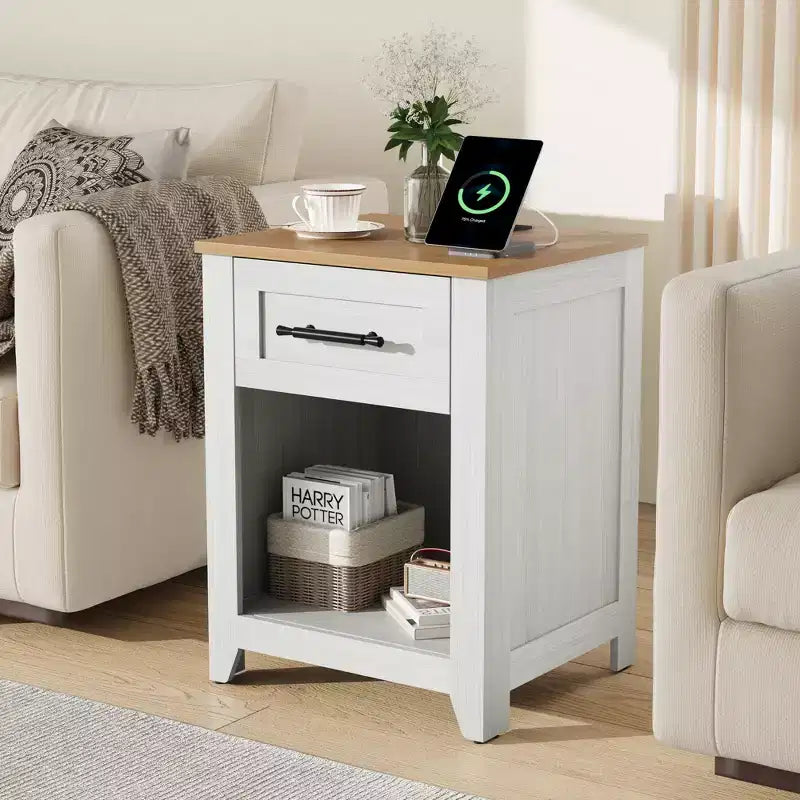 2Pcs Farmhouse Nightstand with Charging Station  2 Drawers & Open Shelf, USB/Type-C/AC Outlets, End Table for Bedroom, Living Room