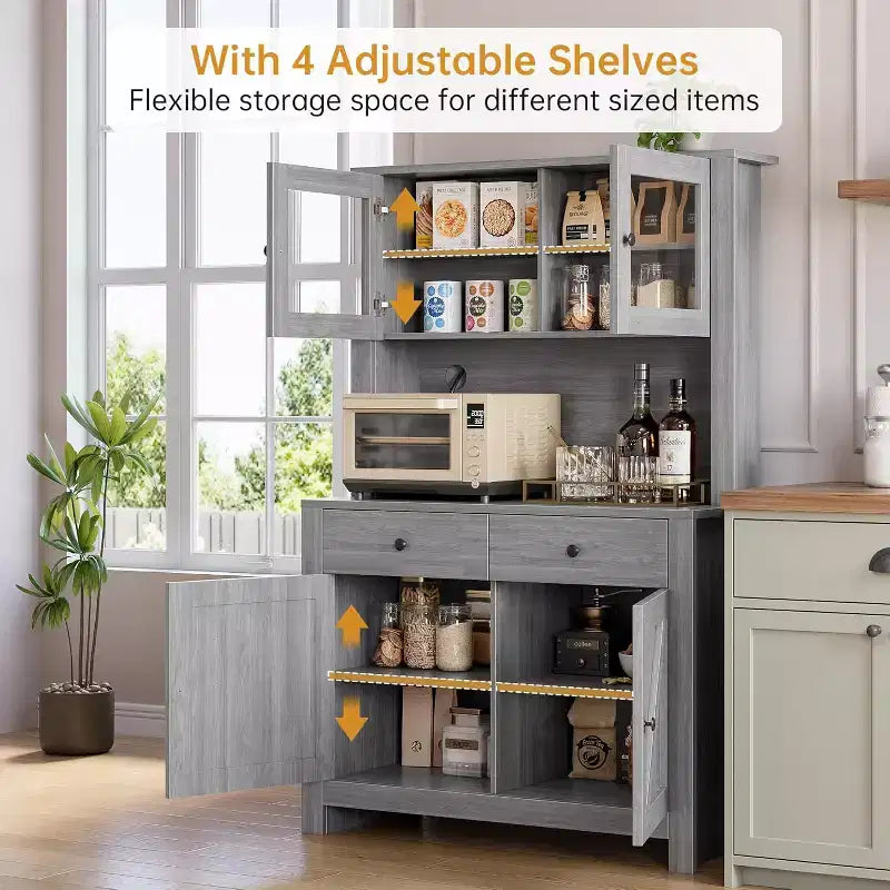 Kitchen Pantry Cabinet with Microwave Stand, Freestanding Hutch Cabinet with Buffet Cupboard, Tall Storage Cabinets for Kitchen, Dining Room