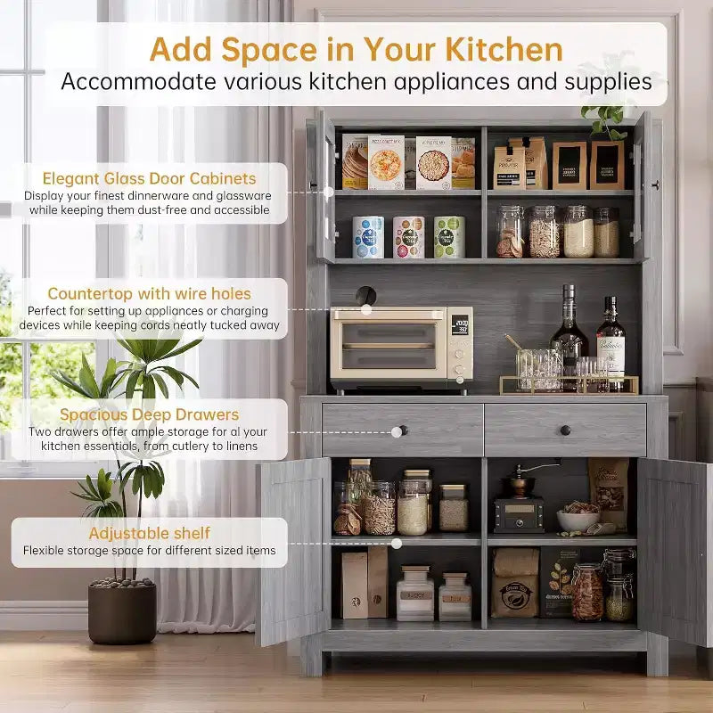 Kitchen Pantry Cabinet with Microwave Stand, Freestanding Hutch Cabinet with Buffet Cupboard, Tall Storage Cabinets for Kitchen, Dining Room