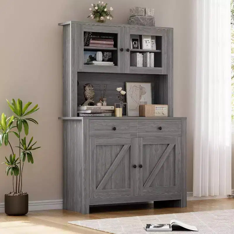 Kitchen Pantry Cabinet with Microwave Stand, Freestanding Hutch Cabinet with Buffet Cupboard, Tall Storage Cabinets for Kitchen, Dining Room