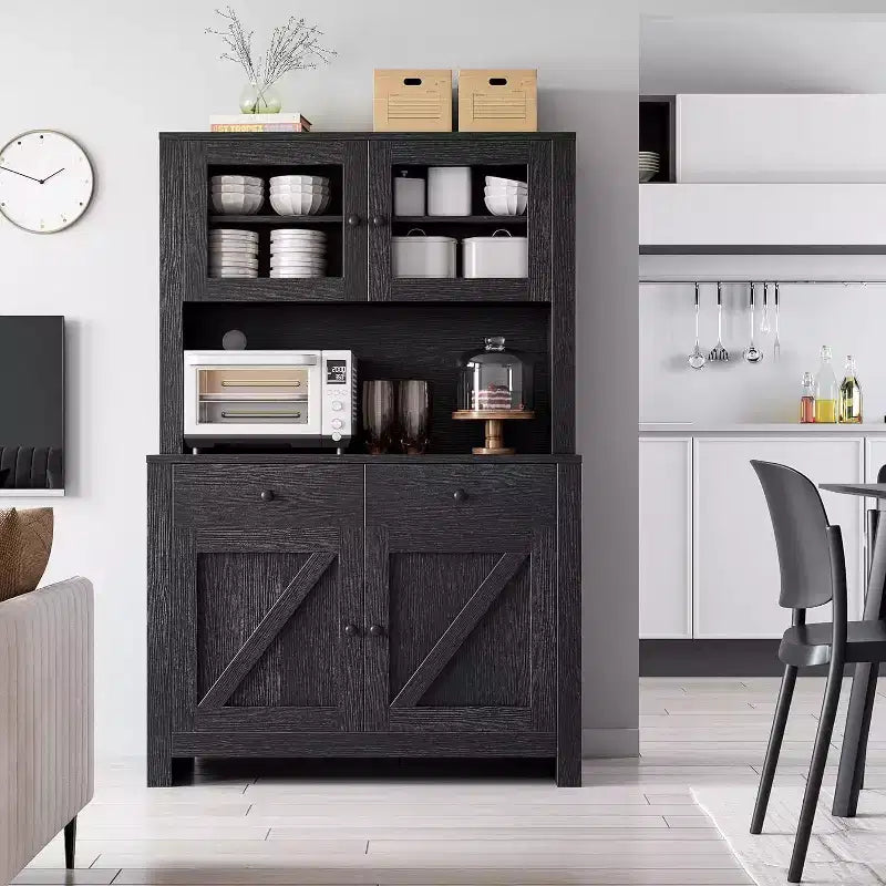 Kitchen Pantry Cabinet with Microwave Stand, Freestanding Hutch Cabinet with Buffet Cupboard, Tall Storage Cabinets for Kitchen, Dining Room