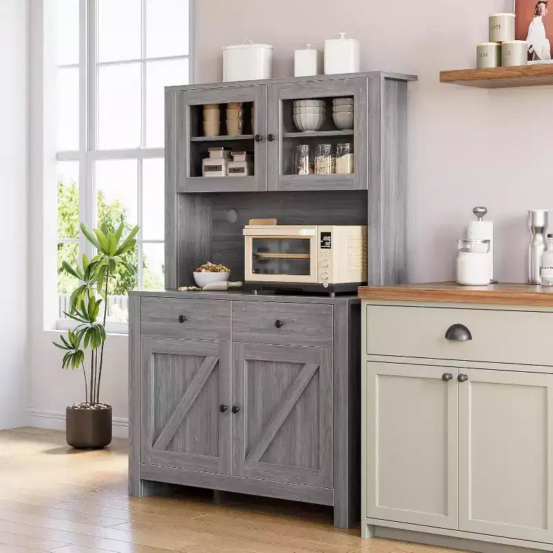 Kitchen Pantry Cabinet with Microwave Stand, Freestanding Hutch Cabinet with Buffet Cupboard, Tall Storage Cabinets for Kitchen, Dining Room