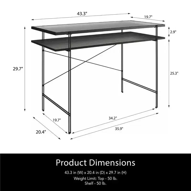 TUYOHW 43.3 Computer Desk,Laminated Engineered Wood Office Desk with Open Shelf,Fluted Glass Desktop,Writing Desk for Home Office,Small Spaces,Black