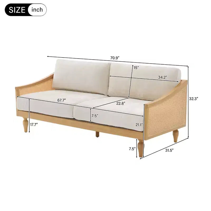Mid-century Loveseat Sofa with Soft Upholstery, Rattan Armrests & Wooden Legs, 2-Seater Sofa for Living Room, Bedroom, or Apartment-Panipeachy