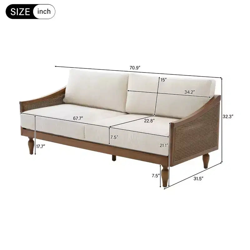 Mid-century Loveseat Sofa with Soft Upholstery, Rattan Armrests & Wooden Legs, 2-Seater Sofa for Living Room, Bedroom, or Apartment-Panipeachy