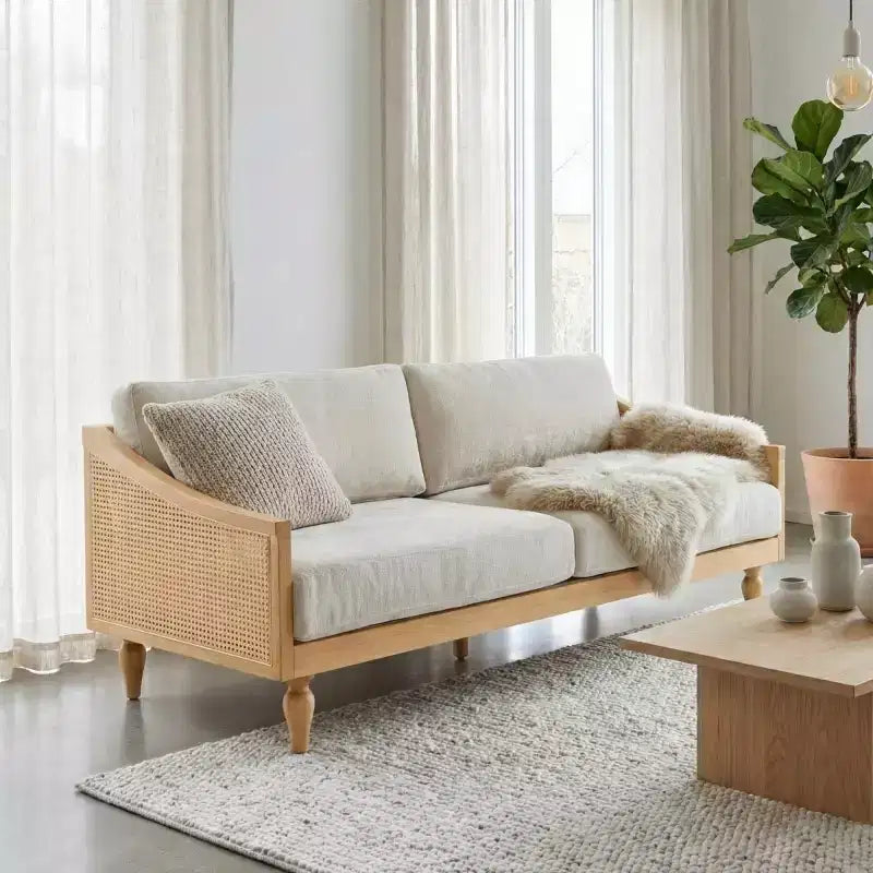 Mid-century Loveseat Sofa with Soft Upholstery, Rattan Armrests & Wooden Legs, 2-Seater Sofa for Living Room, Bedroom, or Apartment-Panipeachy